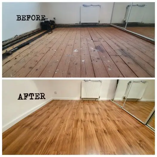 Before and after floor installation, showing exposed floorboards and a finished wood-effect floor