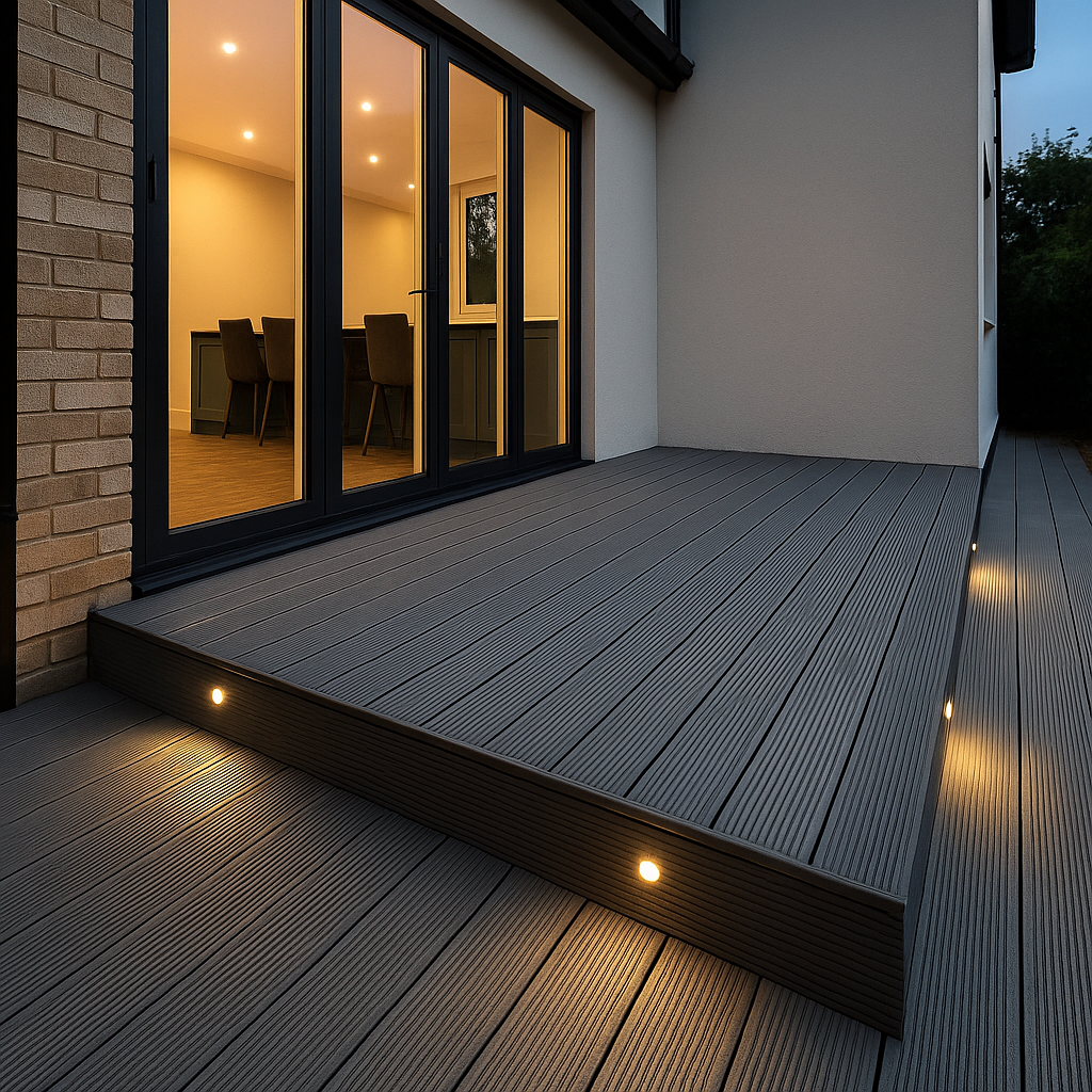 Illustration of grey decking with a raised step and recessed lights