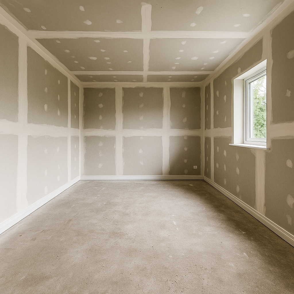 Illustration of plasterboard walls and ceiling with filled joints