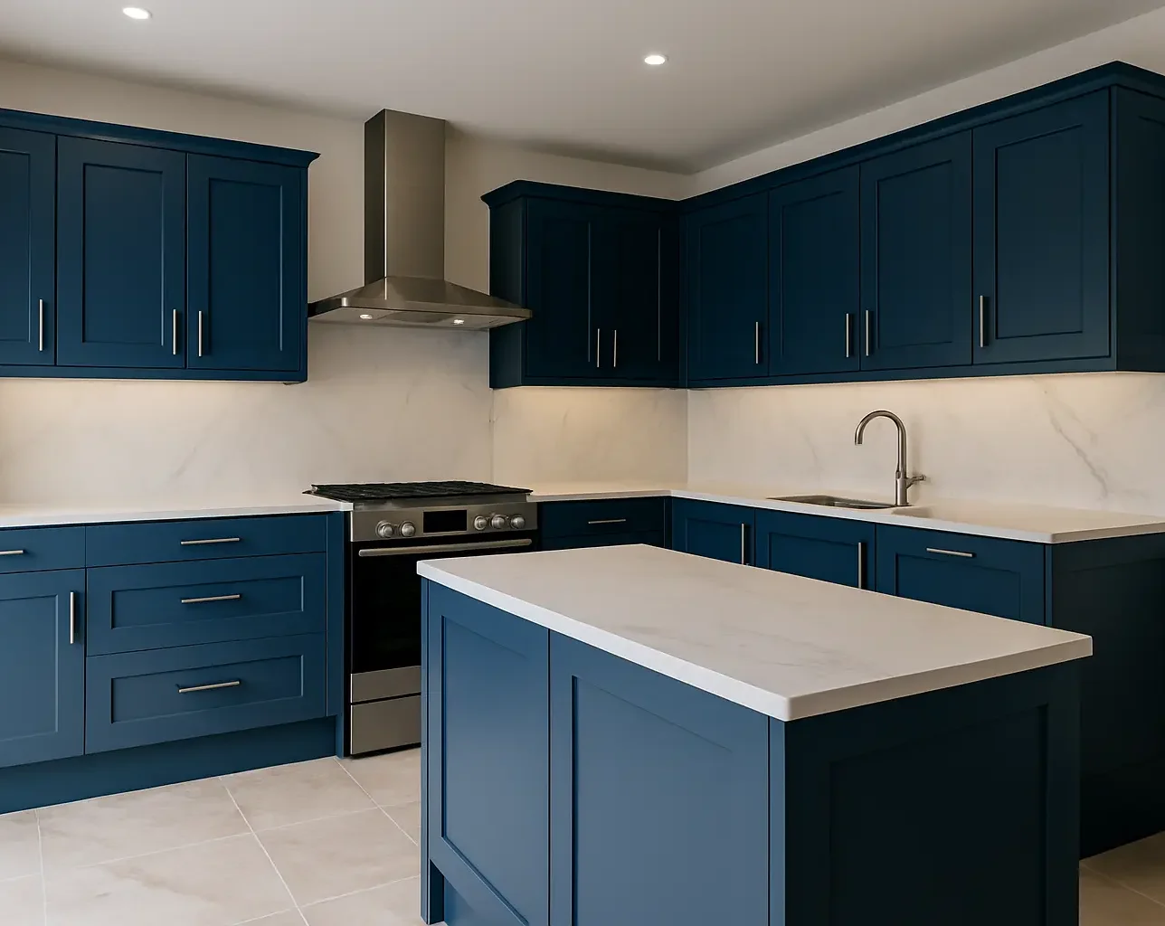 Fitted kitchen with dark blue cabinets, white worktops and a central island